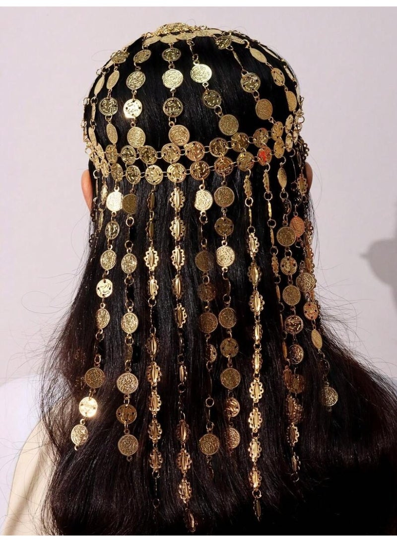 زينة يوم التاسيس سلسلة راس ذهبية بتصميم عملات متدلية – اكسسوار شعر فاخر للحفلات والمناسبات - Image 2